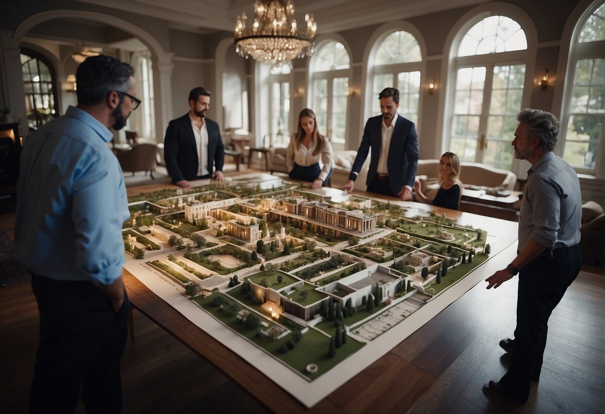 A grand mansion with detailed floor plans spread out on a large table, surrounded by architects and designers deep in discussion
