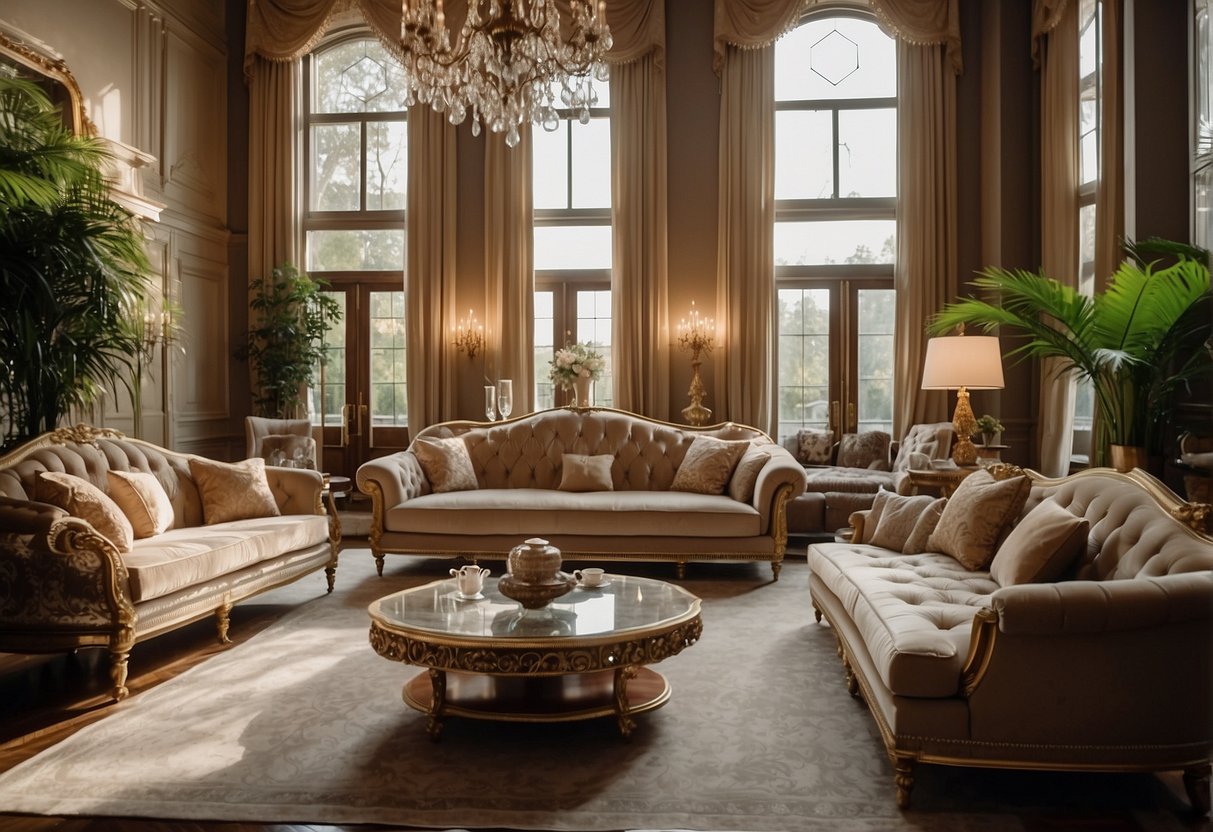 A grand mansion interior with luxurious furniture and elegant decor, featuring ornate chandeliers, plush sofas, and intricate woodwork