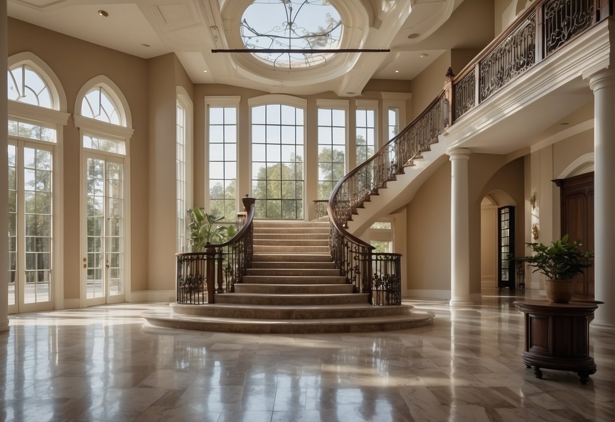 A grand mansion with spacious rooms, high ceilings, and elegant architectural details. Open floor plan with a grand staircase, large windows, and multiple wings