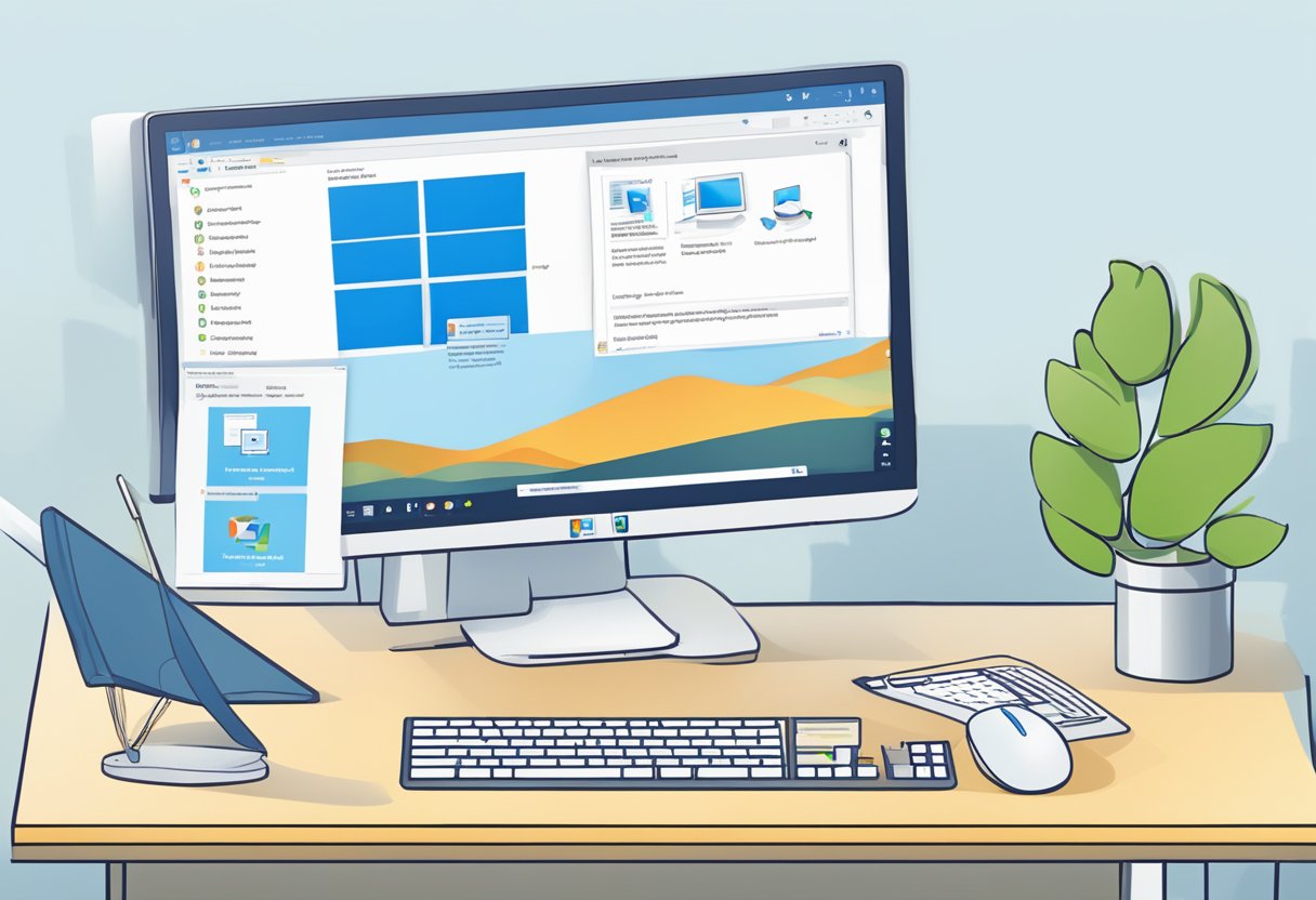 A computer screen displaying the step-by-step process of installing IIS in Windows 10, with a mouse cursor clicking on the installation button