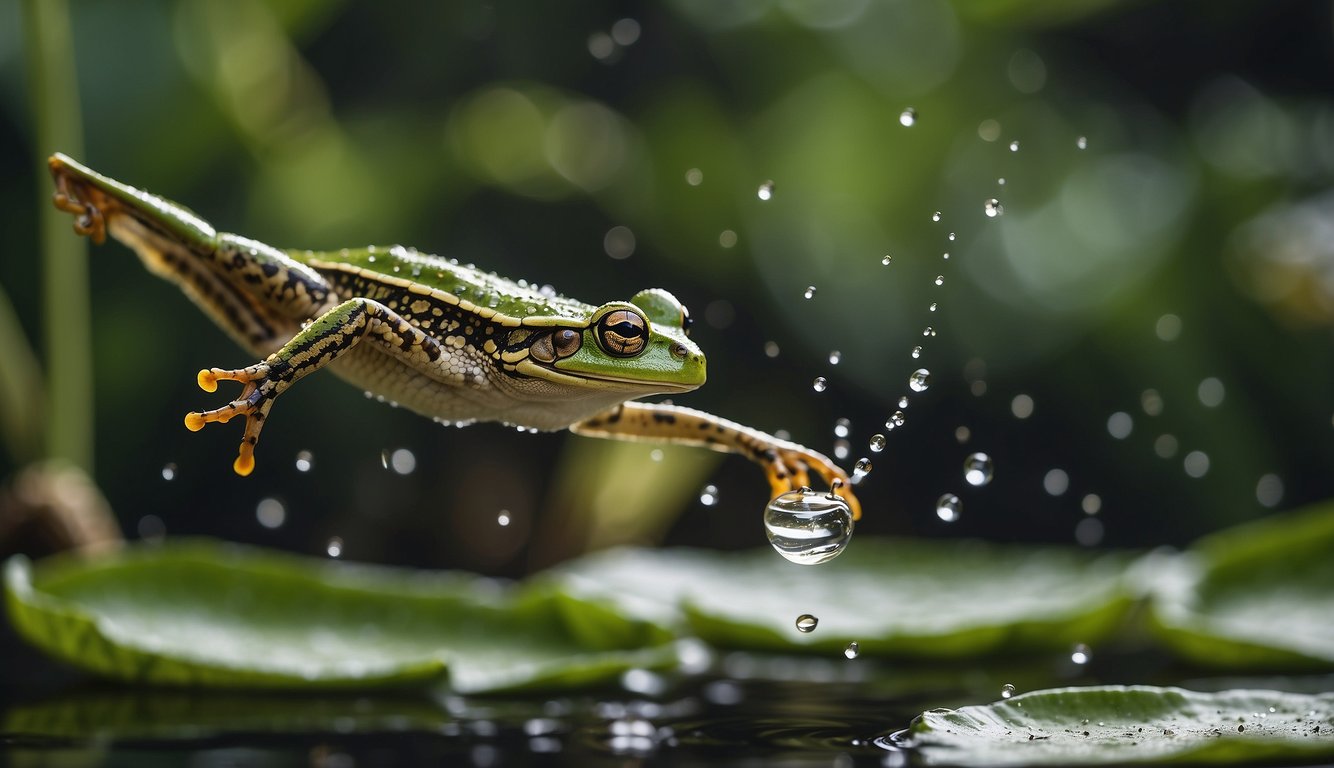 A frog leaping from a pond onto a lily pad, with water droplets flying in the air and a dragonfly hovering nearby
