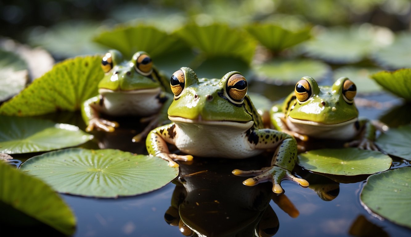 A group of frogs gathered around a pond, with lily pads and reeds, showcasing their unique amphibian features and behaviors