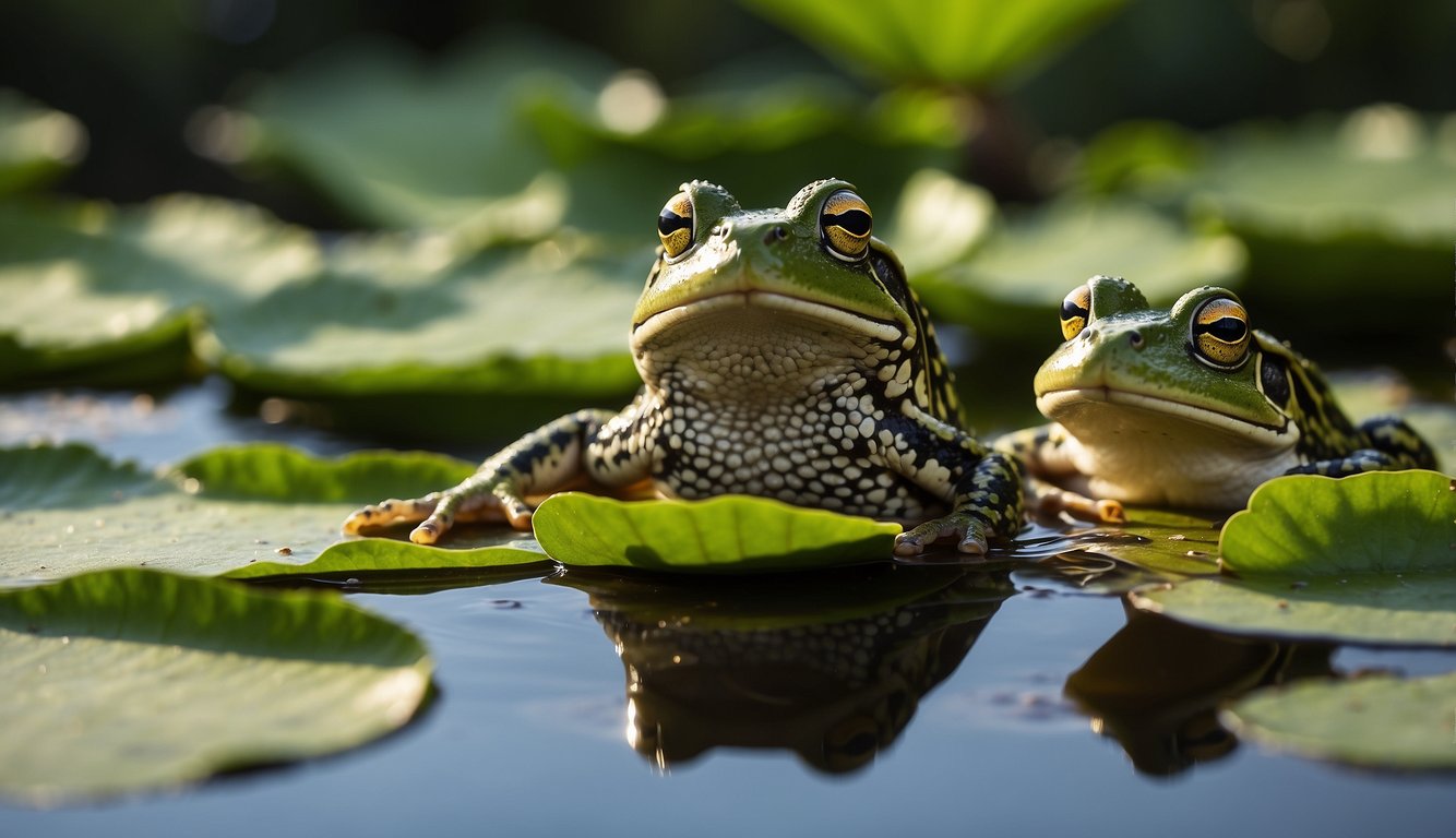 Two frogs sitting on a lily pad in a pond, surrounded by lush green vegetation.

A snake slithers nearby, showcasing the contrast between amphibians and reptiles