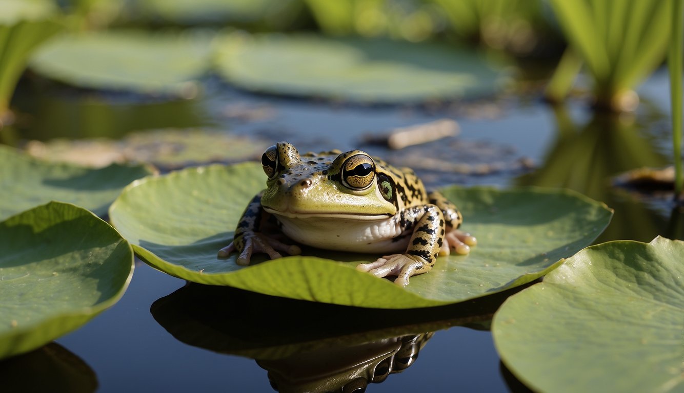 A frog perched on a lily pad in a vibrant wetland, surrounded by diverse plant life and other amphibian species