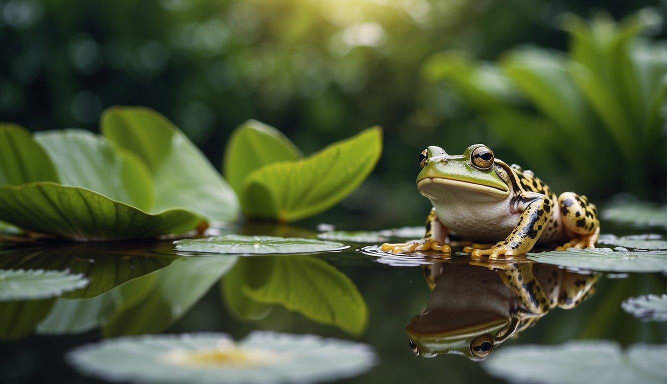 A frog leaping from a pond onto a lily pad, surrounded by water and green foliage