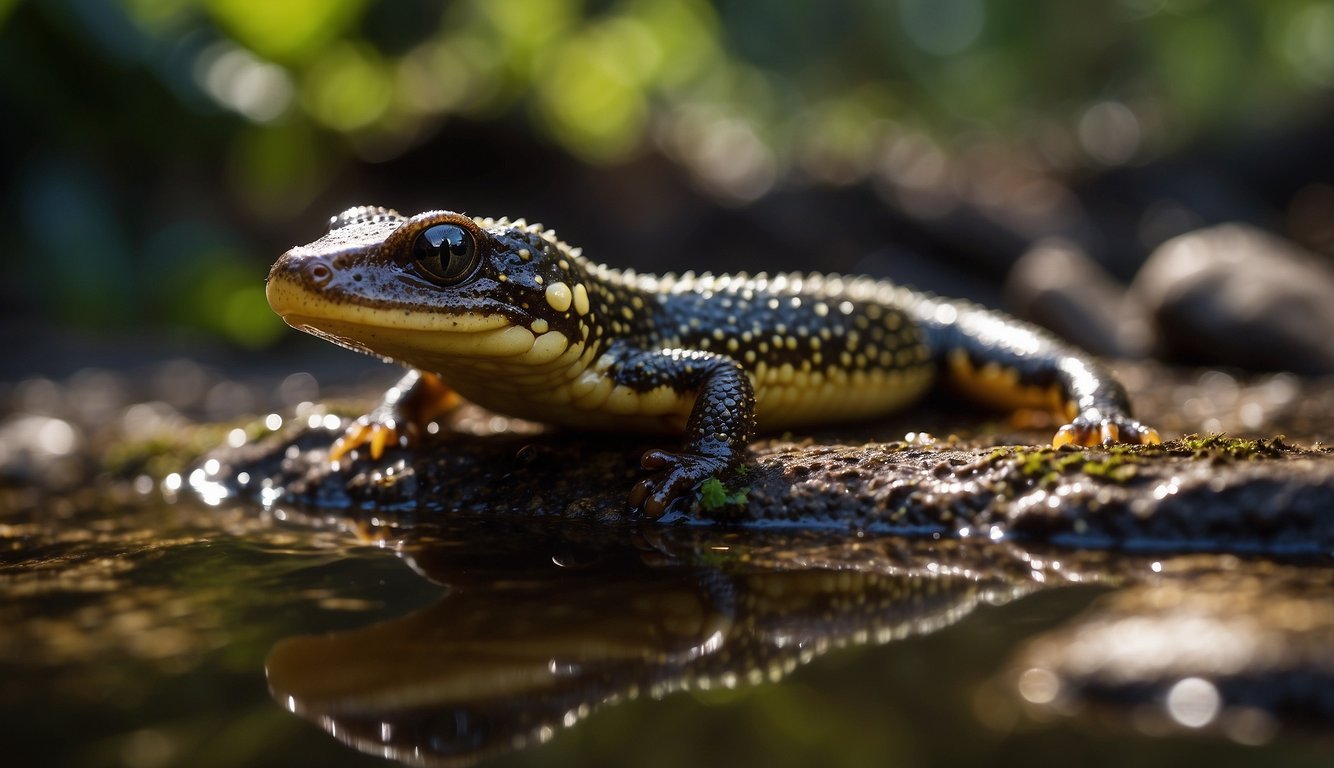 A salamander emerges from a forest pond, its amputated limb regenerating with visible signs of tissue regrowth and healing