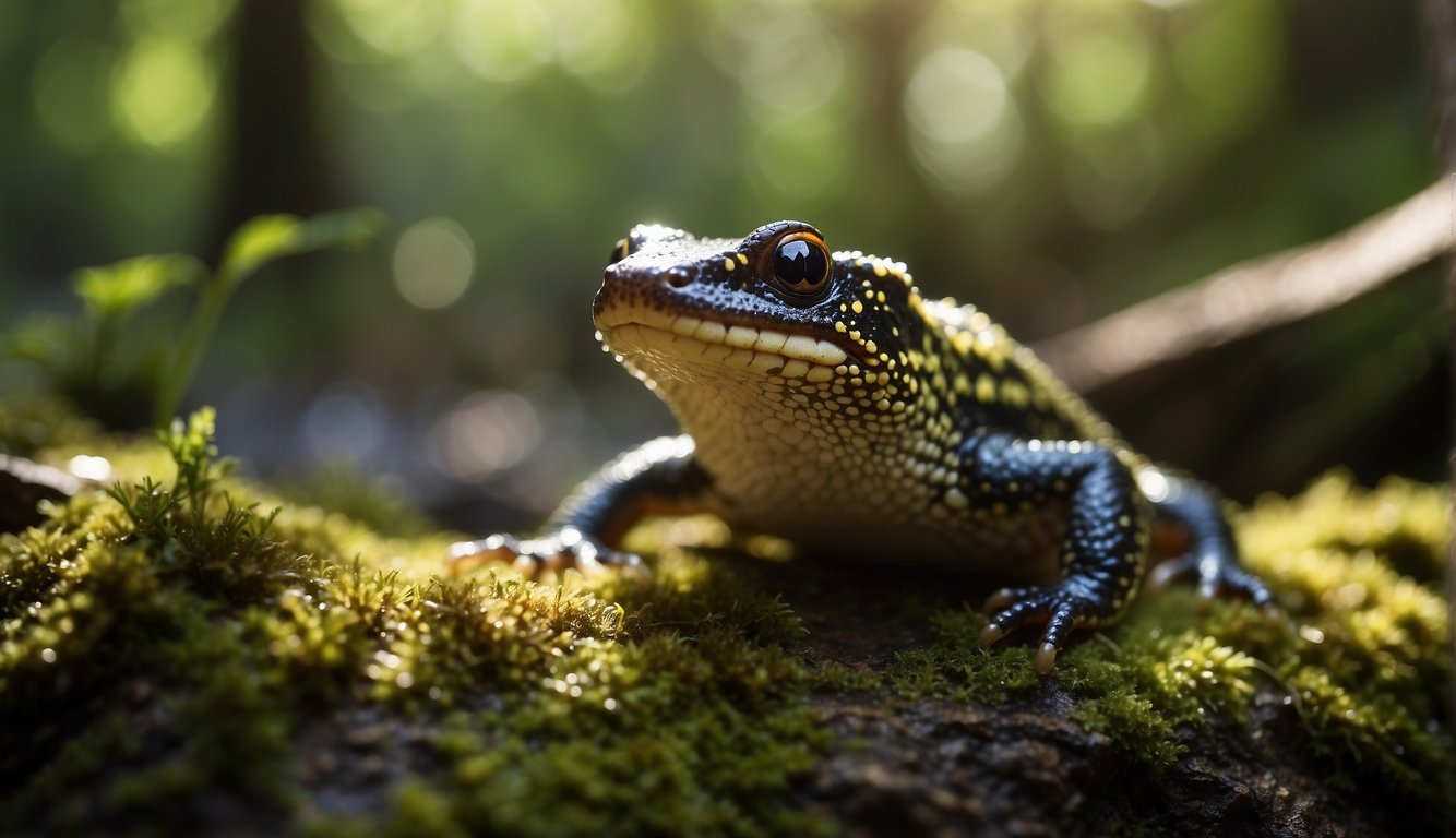A salamander sits on a mossy rock, its front limb regenerating.

The sun shines through the trees, casting dappled light on the forest floor