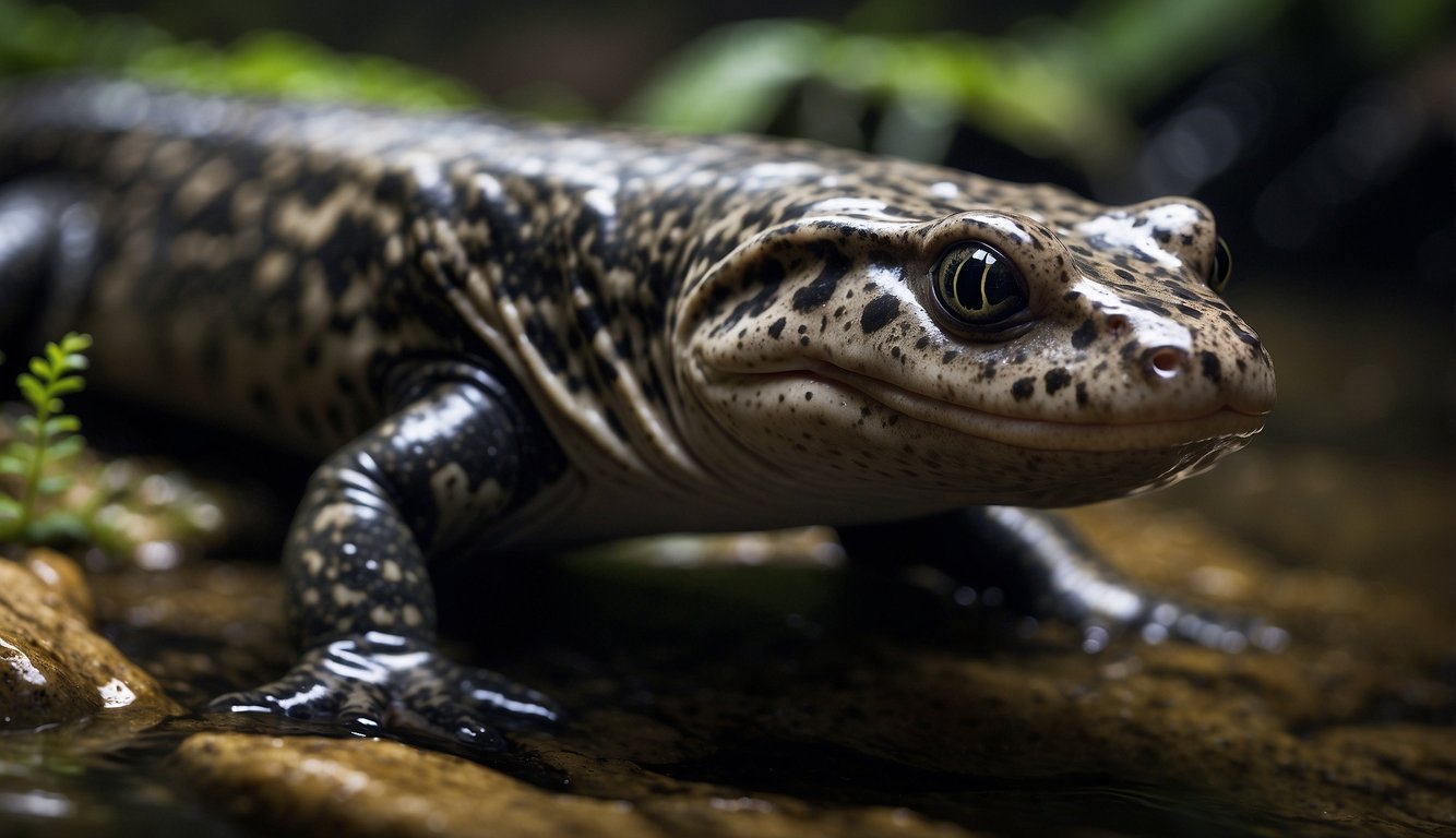A giant Chinese giant salamander emerges from a murky river, its massive body covered in mottled brown and black skin.

The creature's wide, flat head and small eyes give it a prehistoric appearance as it surveys its watery domain