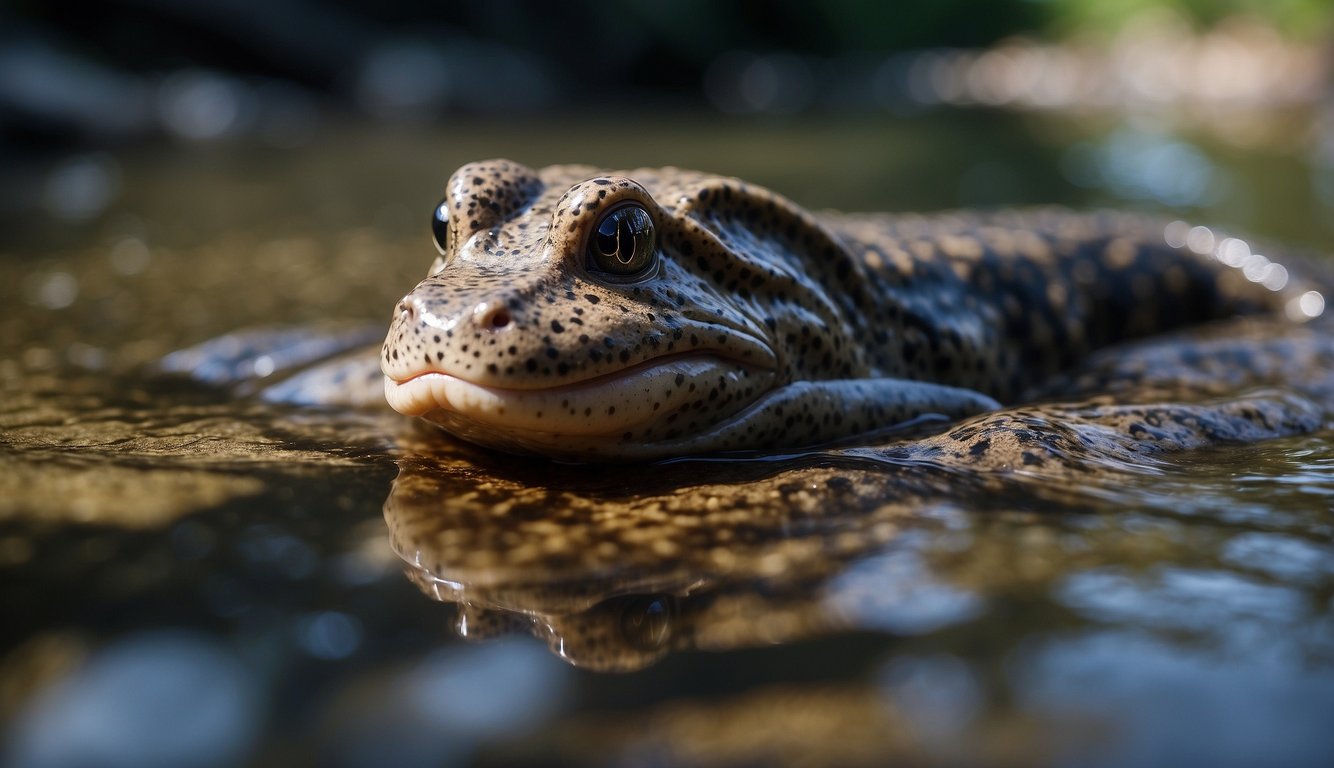 A giant Chinese giant salamander emerges from a murky river, dwarfing all other creatures around it.

Its slick, mottled skin glistens in the sunlight as it surveys its watery domain