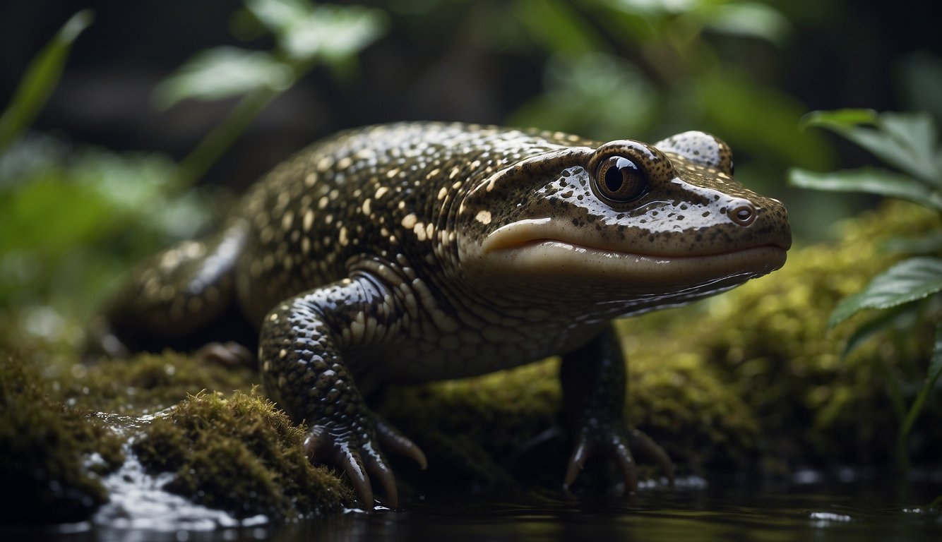 A giant Chinese giant salamander emerges from a murky river, dwarfing the surrounding vegetation with its massive size