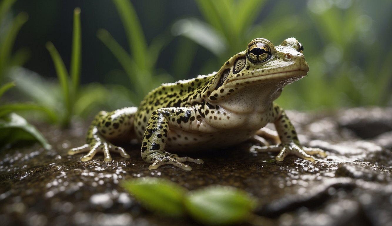 Amphibians sit on moist ground, their skin absorbing oxygen to breathe.

Text "Frequently Asked Questions How Do Amphibians Breathe Through Their Skin?" displayed nearby