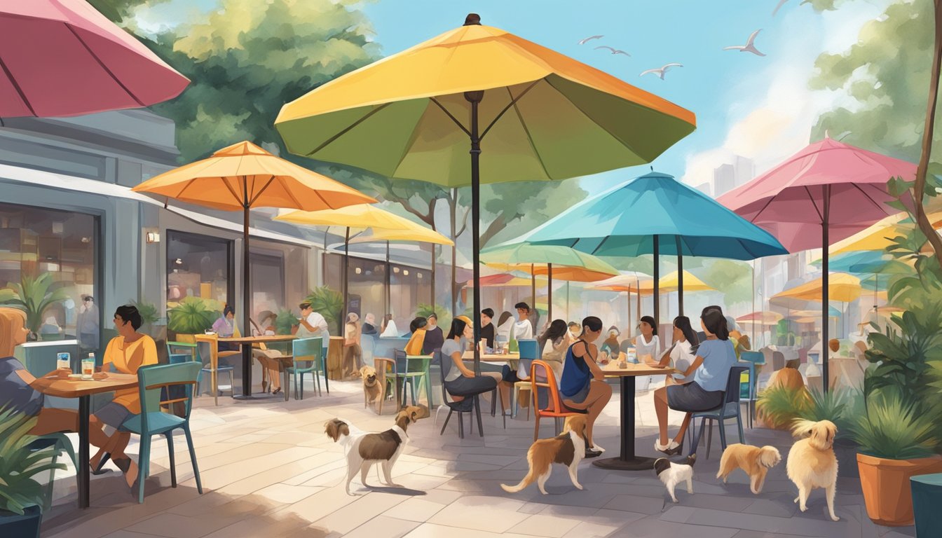 A dog-friendly cafe in Singapore bustling with wagging tails and furry friends enjoying treats and water bowls. Outdoor seating area with colorful umbrellas and playful pups