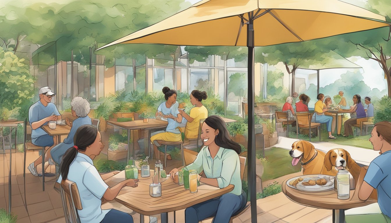 Dogs happily mingle with owners at outdoor tables, while staff serve water bowls and treats. Lush greenery and cozy seating create a welcoming atmosphere
