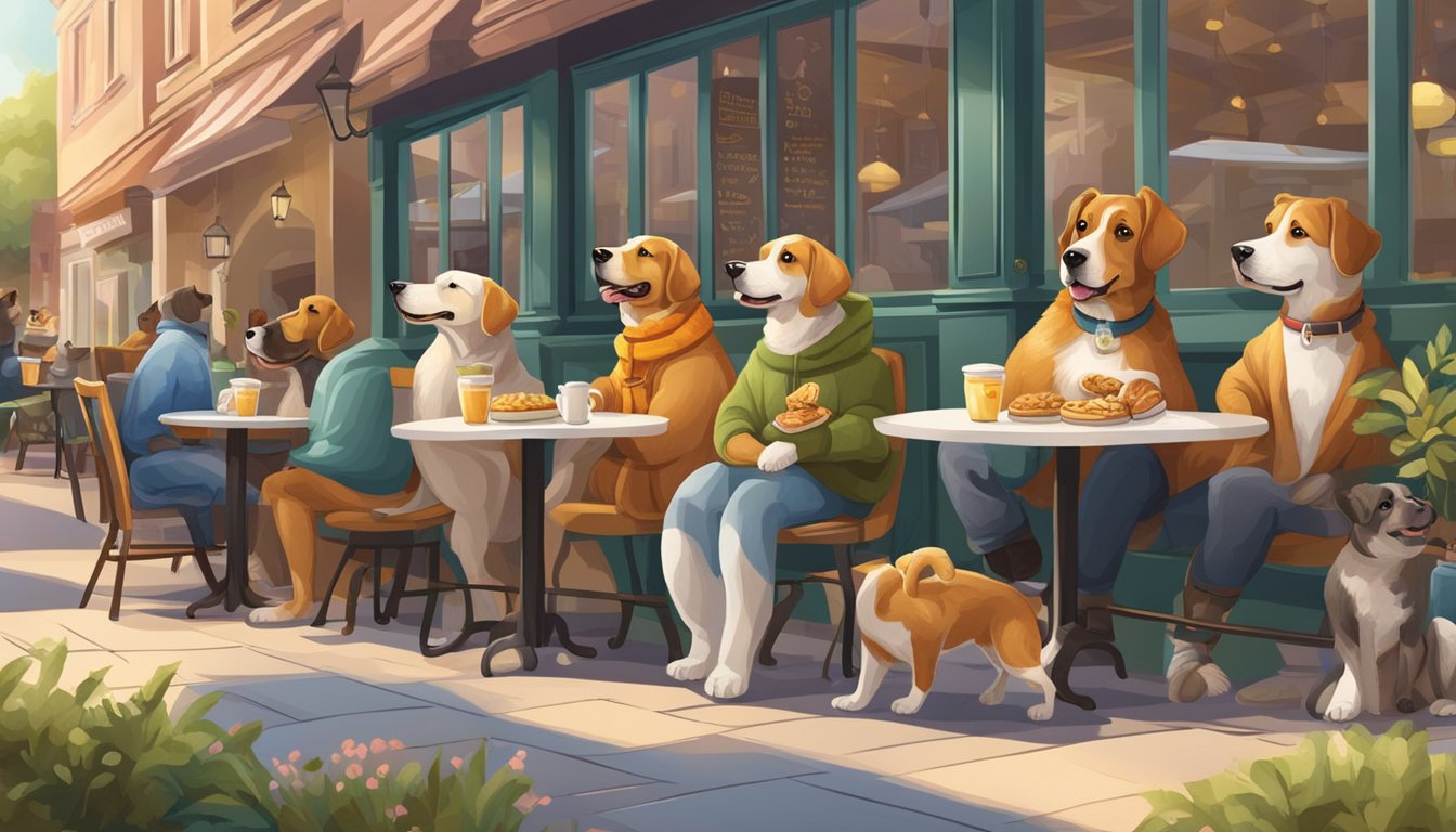 Dogs enjoying treats at outdoor tables in a cozy cafe setting with a menu board featuring special items for furry friends