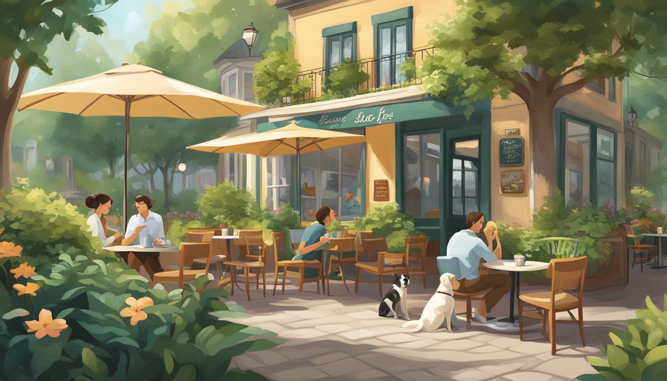 A cozy cafe with outdoor seating, surrounded by lush greenery and a peaceful atmosphere. Dogs peacefully lounging beside their owners, creating a warm and inviting ambiance