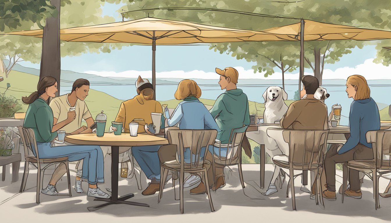 Dogs sit calmly at outdoor tables, owners sip coffee. A sign reads "Dog-Friendly Cafe Etiquette: Keep pets leashed, clean up messes, and be considerate of others."