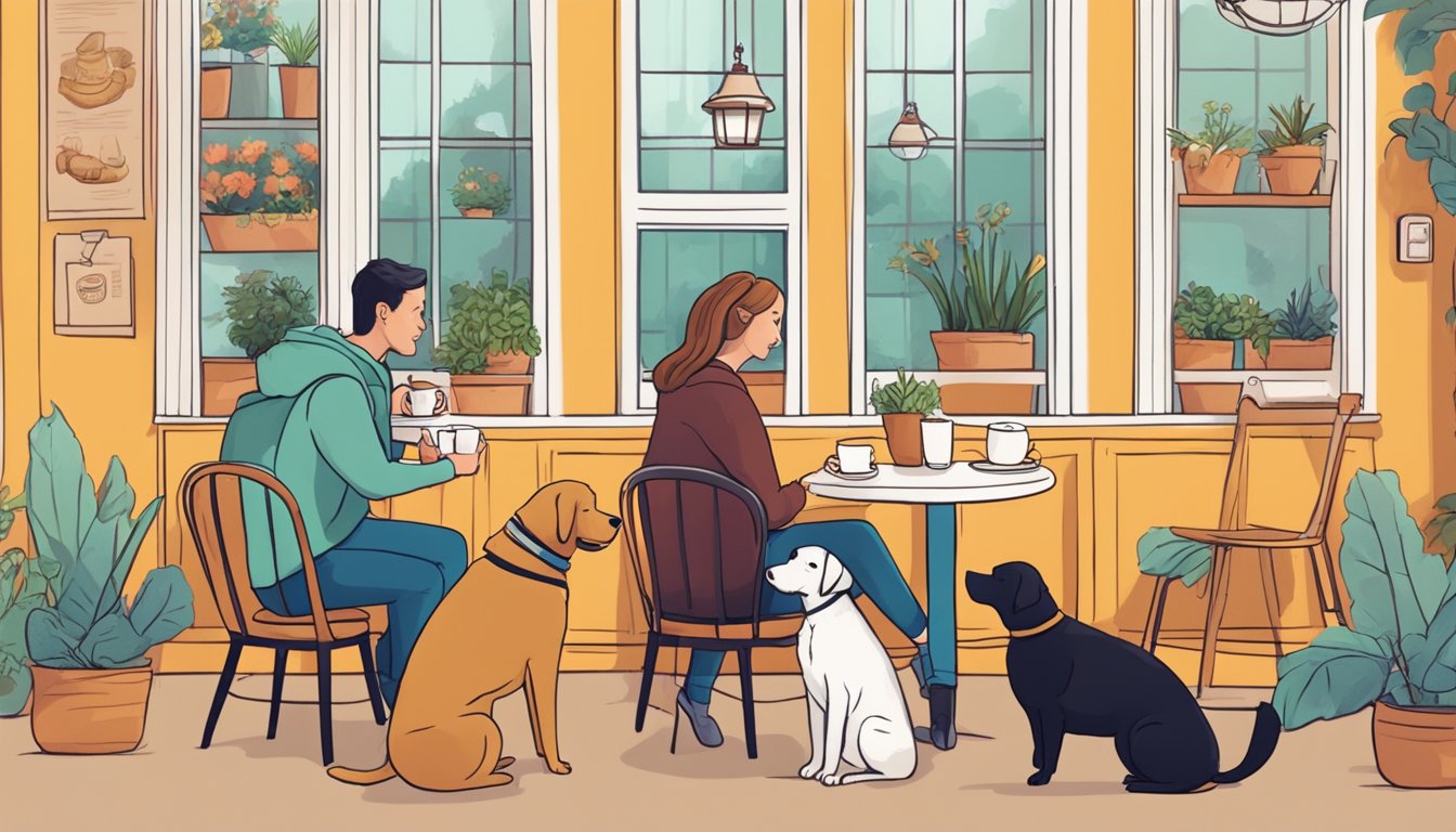 A cozy cafe with dogs and their owners enjoying coffee and treats in a vibrant atmosphere
