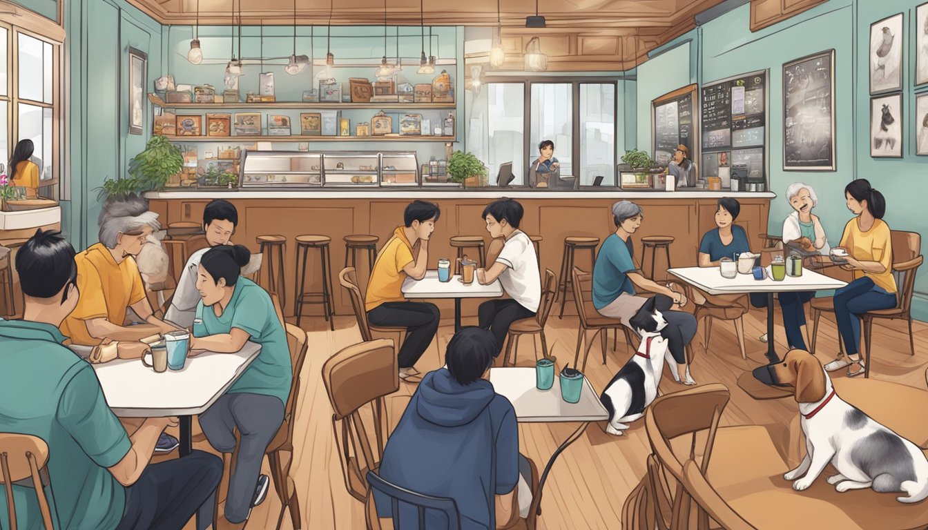 Customers pet dogs at a cozy cafe in Singapore. Tables and chairs fill the space, with a variety of dog breeds happily mingling