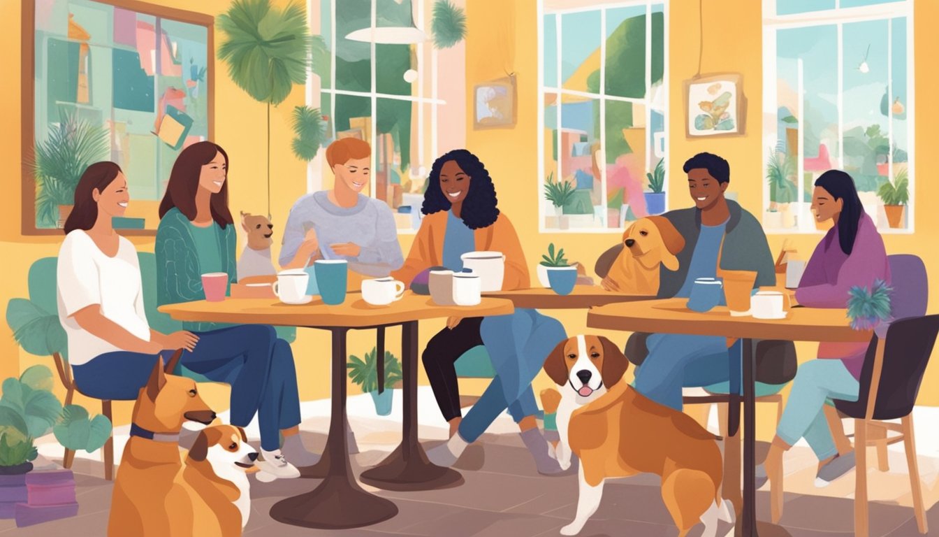 Customers petting various dogs in a cozy cafe setting, surrounded by colorful dog-themed decor and enjoying the relaxing atmosphere