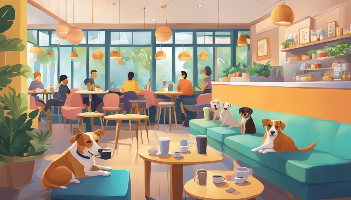 Dogs lounging at a Singapore petting cafe, surrounded by cozy seating and colorful decor. Customers interact with the pups, enjoying coffee and snacks