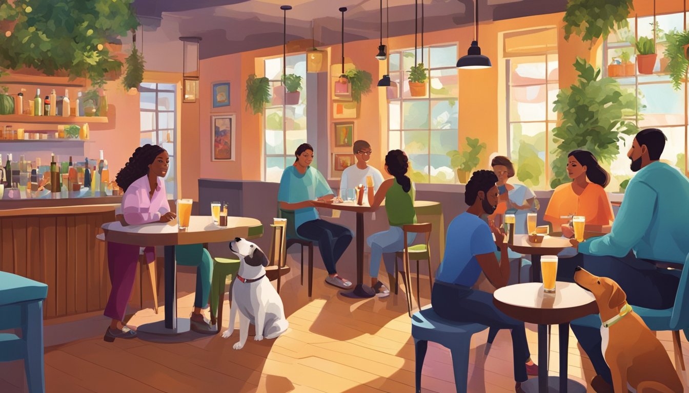 People sitting at tables, sipping drinks, while dogs roam freely. A cozy, welcoming atmosphere with colorful decor and friendly staff