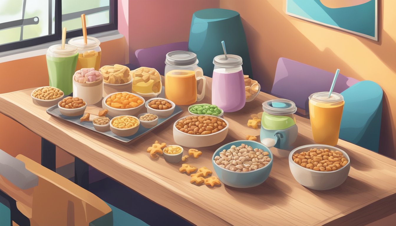 A table with colorful dog treats and a variety of pet-friendly snacks at a cozy petting cafe in Singapore