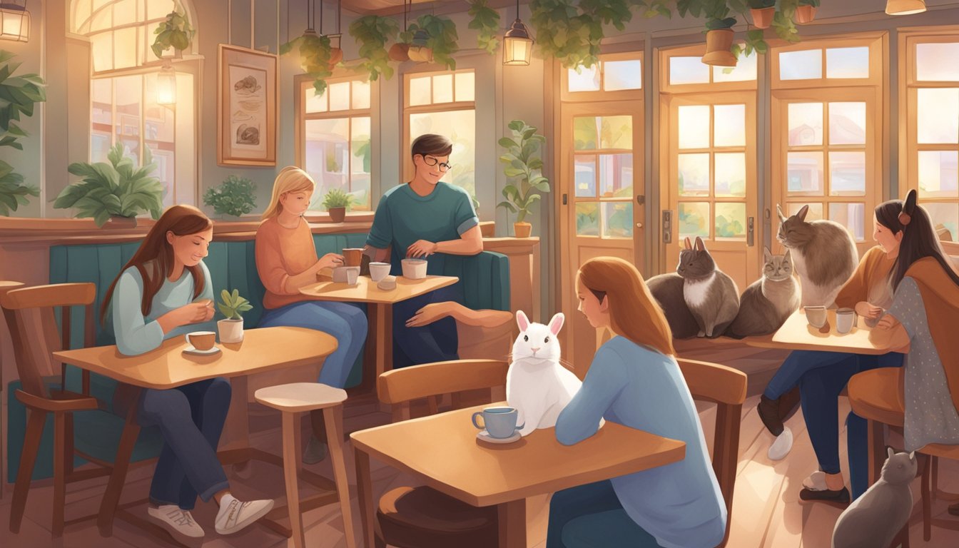 Customers petting rabbits, guinea pigs, and cats in a cozy cafe setting with soft lighting and comfortable seating