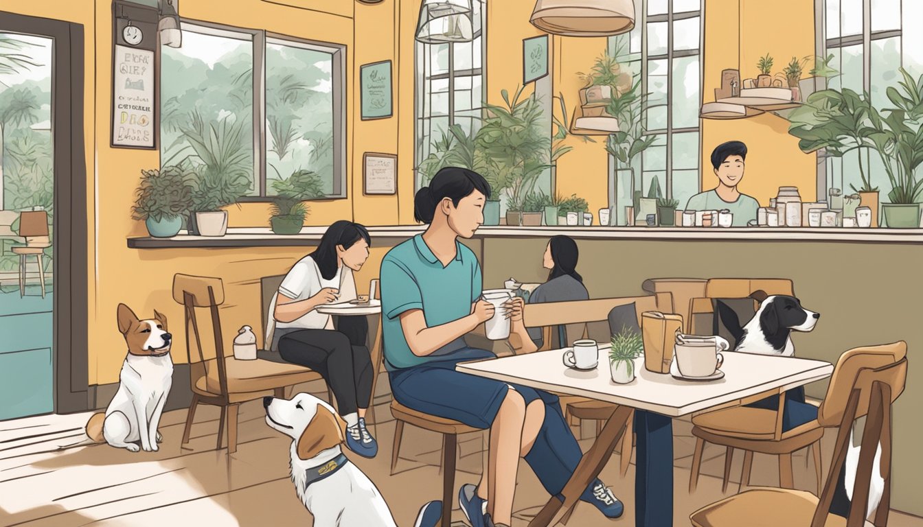 Customers pet dogs at a cozy cafe in Singapore, with a sign reading "Frequently Asked Questions dog petting cafe" prominently displayed