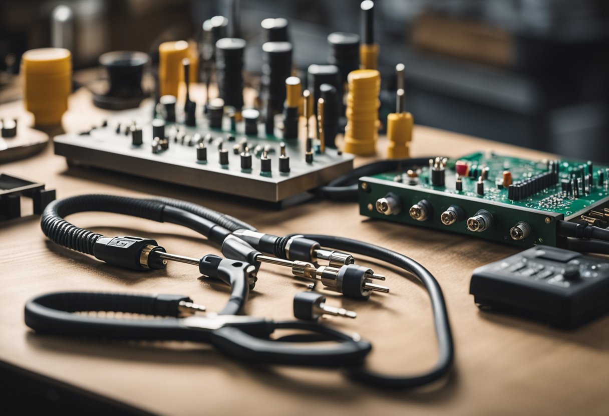 A workbench with electrical tools, wires, and a circuit diagram