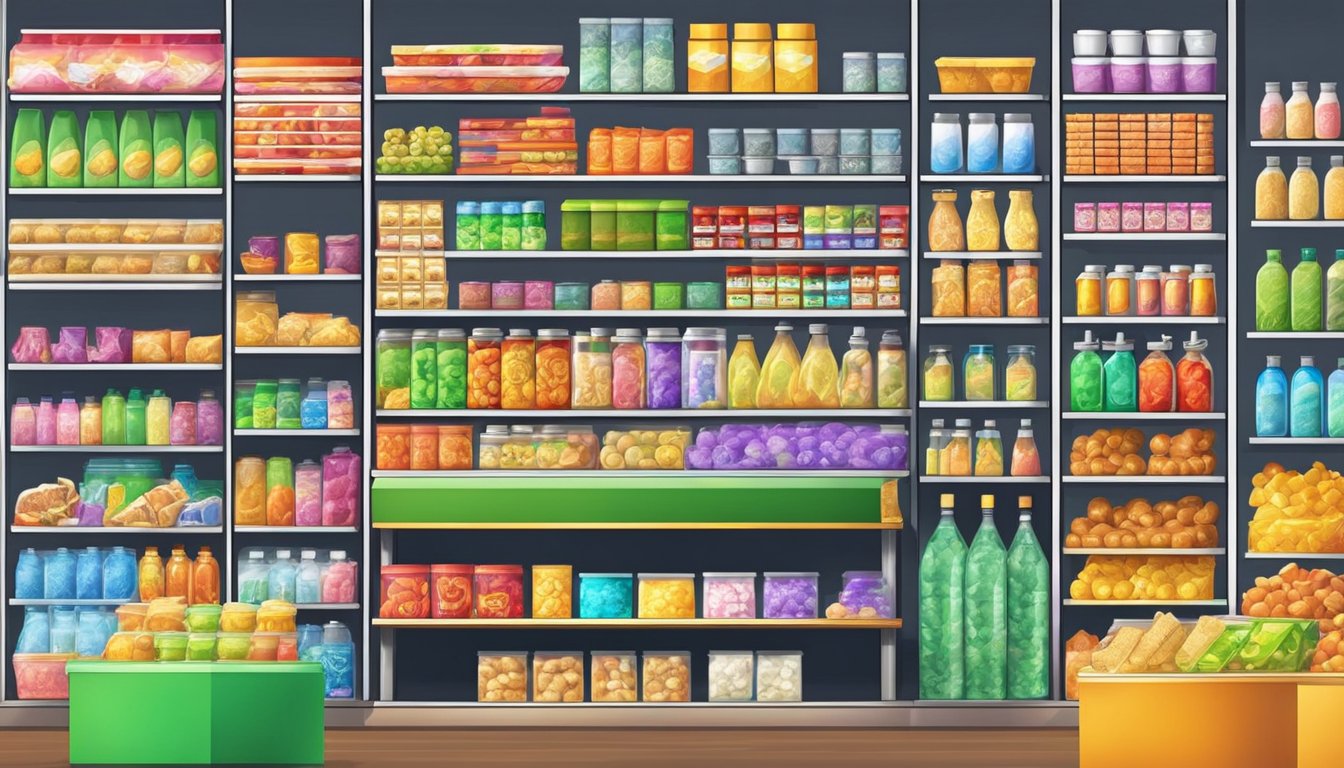 Brightly lit dollar shop shelves display a variety of affordable goods in Singapore