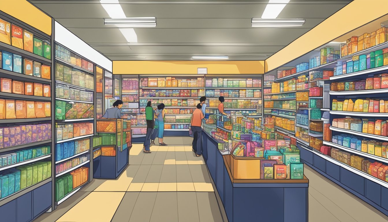 The bustling dollar shop in Singapore's strategic locations across the island. Brightly lit shelves display a variety of affordable goods. Customers browse the aisles, while staff restock merchandise