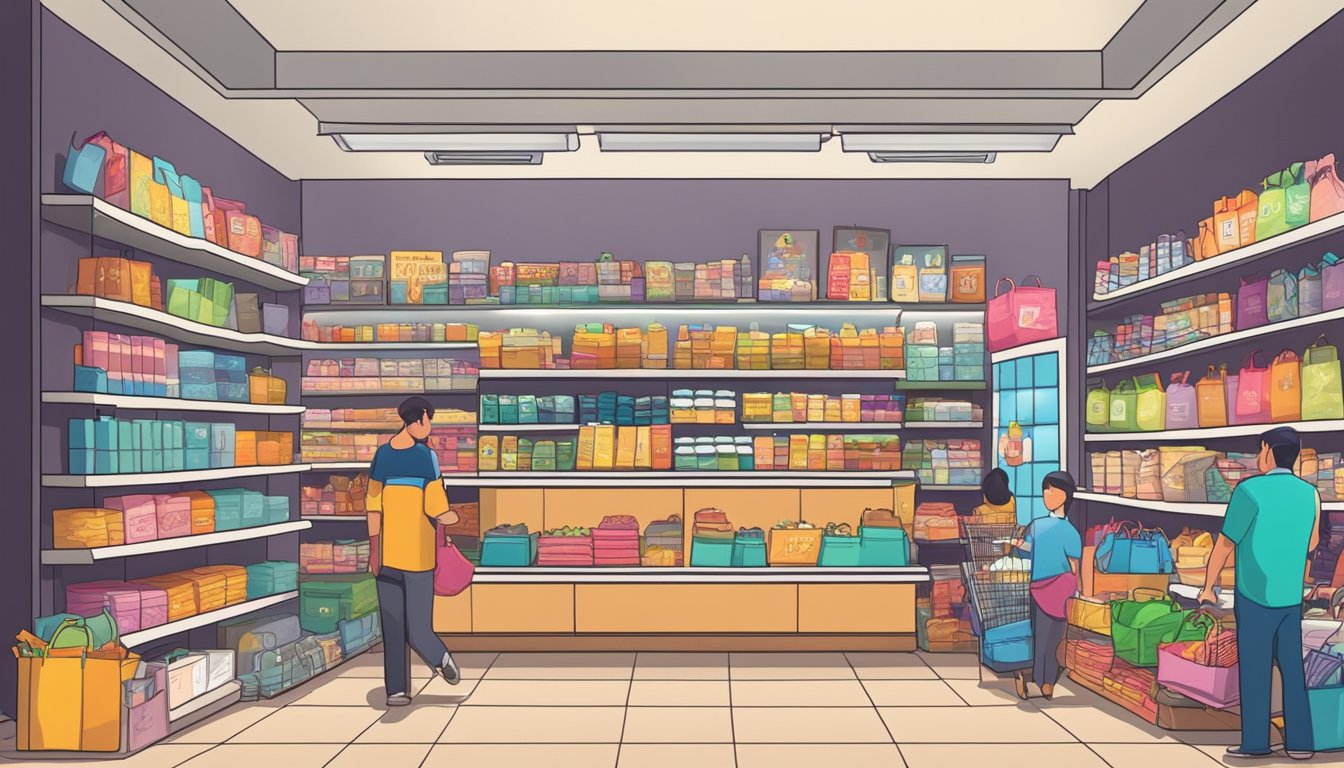 A crowded dollar shop in Singapore, with shelves overflowing with discounted items. Bright signage advertises "Irresistible Deals for Every Shopper."