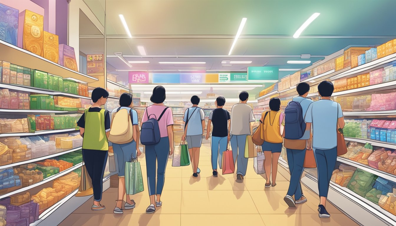 Shoppers browse aisles in a well-lit dollar shop during convenient shopping hours in Singapore