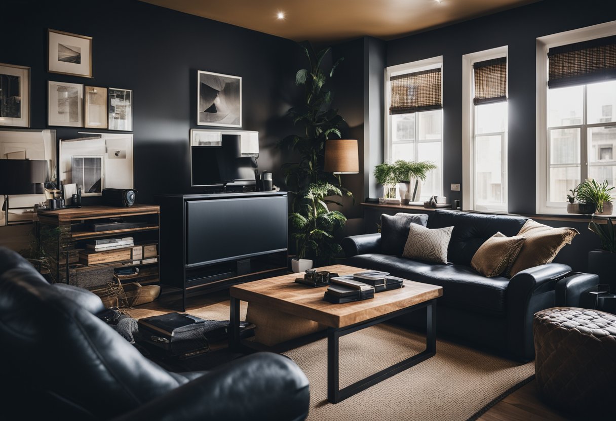 A cluttered room with oversized furniture and dark colors, making the space feel cramped. Lighter, smaller furniture and decluttering can create a more spacious feel