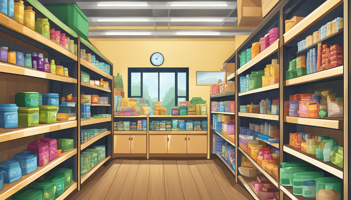 Shelves stocked with various items, sign "Frequently Asked Questions dollar shop singapore" displayed prominently