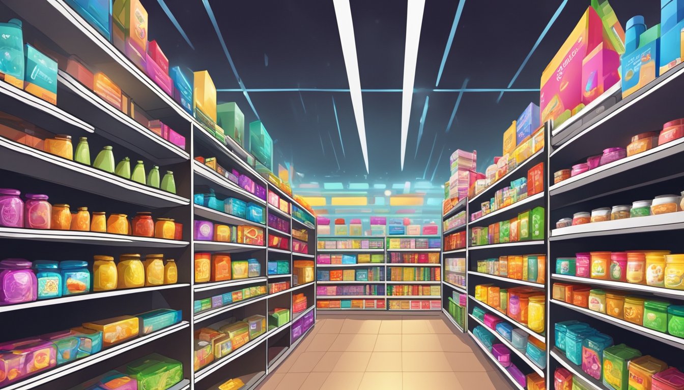 Shelves lined with colorful items in a dollar shop in Singapore. Bright lights illuminate the aisles filled with various products