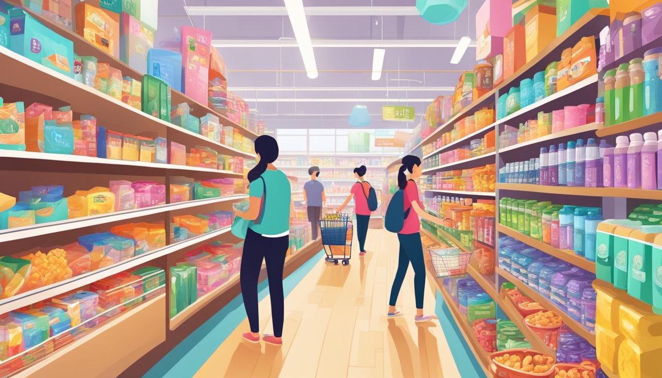 Customers browsing aisles of colorful products in a Singapore dollar shop. Shelves filled with various items, from household goods to snacks. Bright lighting and crowded space