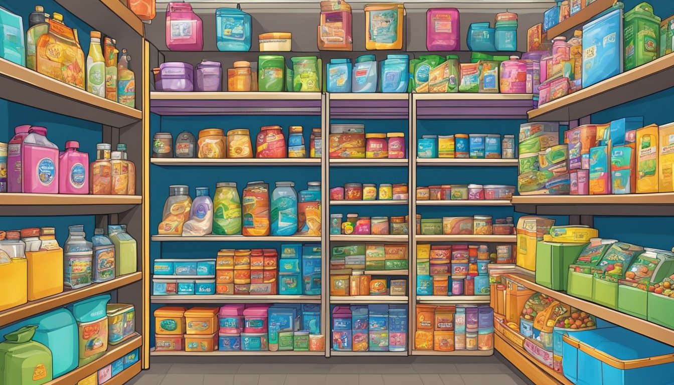 A colorful array of products fills the shelves at a bustling dollar shop in Singapore. Items range from household goods to toys and stationery
