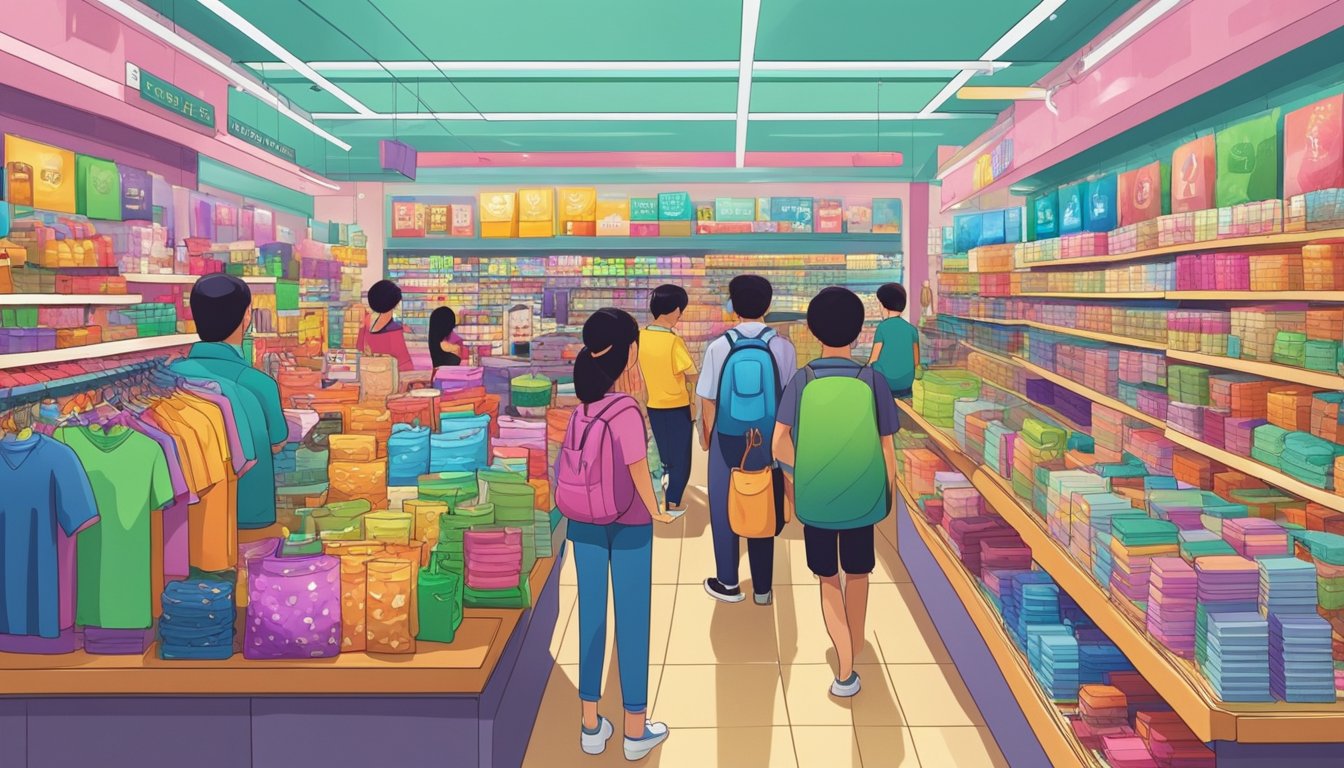 A bustling dollar shop in Singapore, filled with rows of colorful, neatly organized products. Customers browse through the aisles, selecting various items priced at one dollar each. The shop is brightly lit and exudes a lively, vibrant atmosphere
