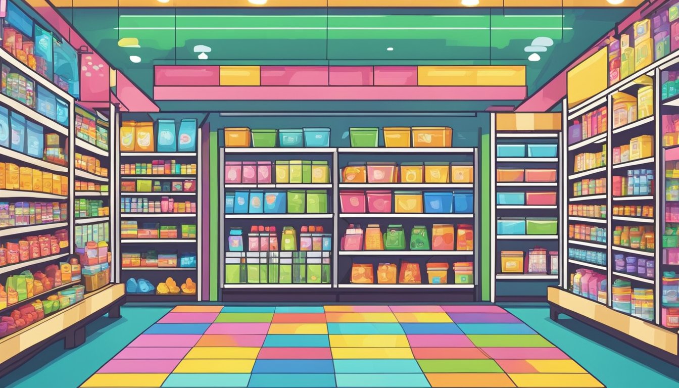 A colorful dollar store in Singapore with rows of shelves filled with various items, from household goods to toys and stationery. Bright signage and a bustling atmosphere