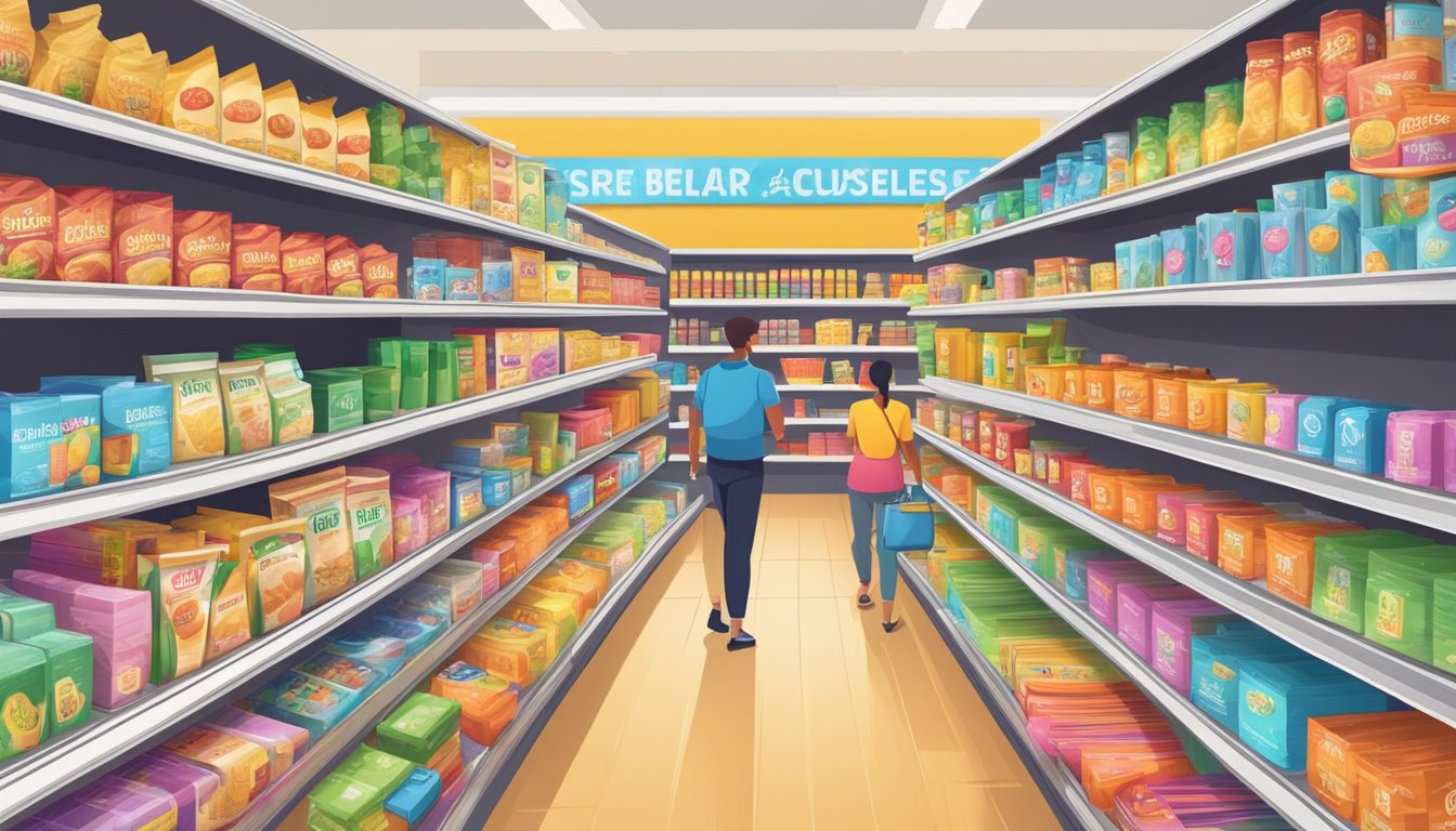 Customers browsing aisles of dollar store, shelves filled with household items, stationery, and snacks. Bright signage and colorful packaging