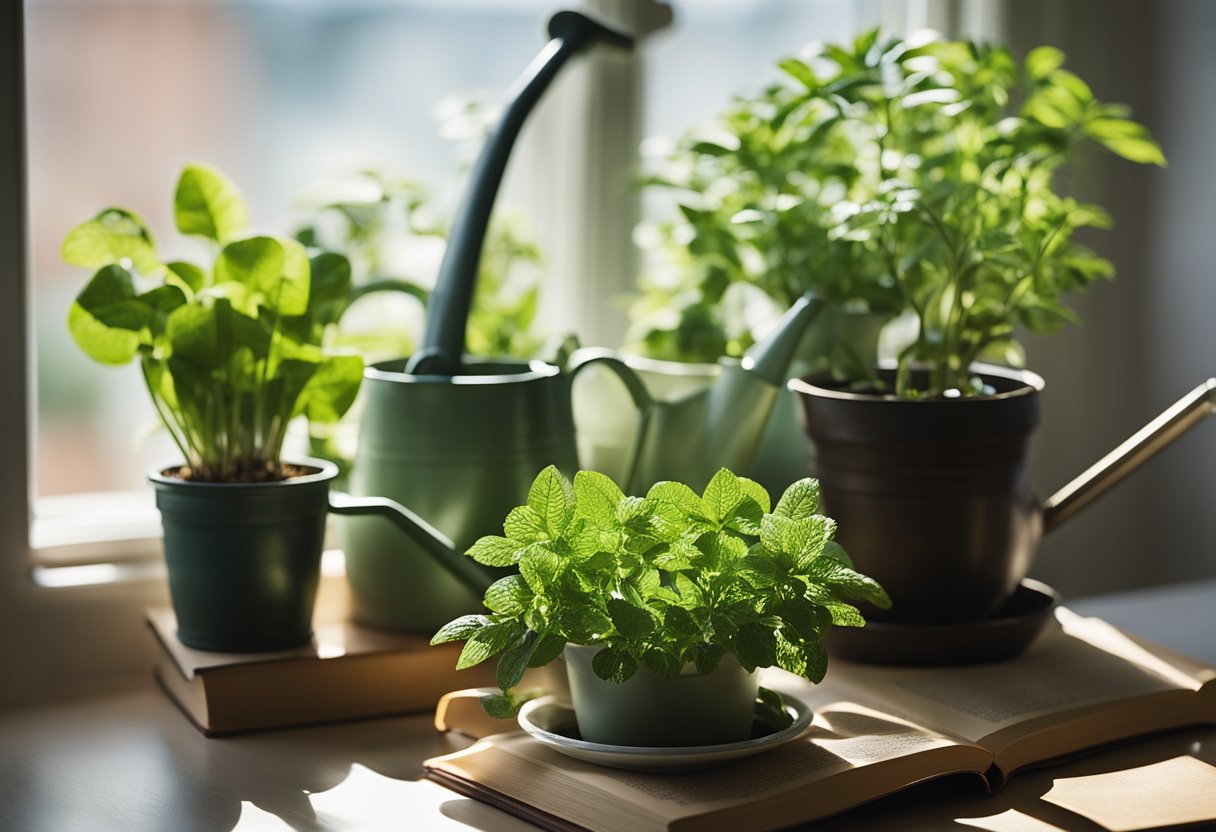 Lush green plants in pots arranged on a sunny windowsill, with gardening tools and watering can nearby. A book on medicinal plants open to a page on cultivation techniques