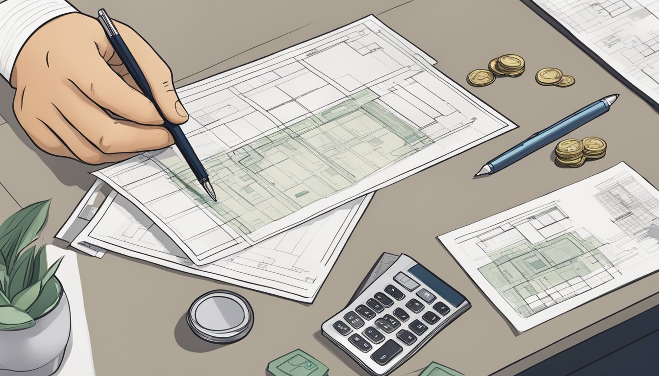 A hand places a check on a desk, next to a set of keys and a floor plan for a condo in Singapore