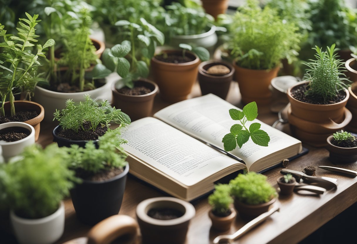 A variety of medicinal plants arranged in pots with a guidebook open next to them, surrounded by gardening tools