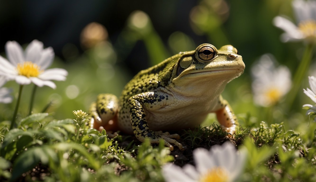 Amphibians emerge from hibernation, basking in the warm sun.

They hop and crawl among the newly blooming flowers and fresh greenery, ready to resume their active lives after a long winter