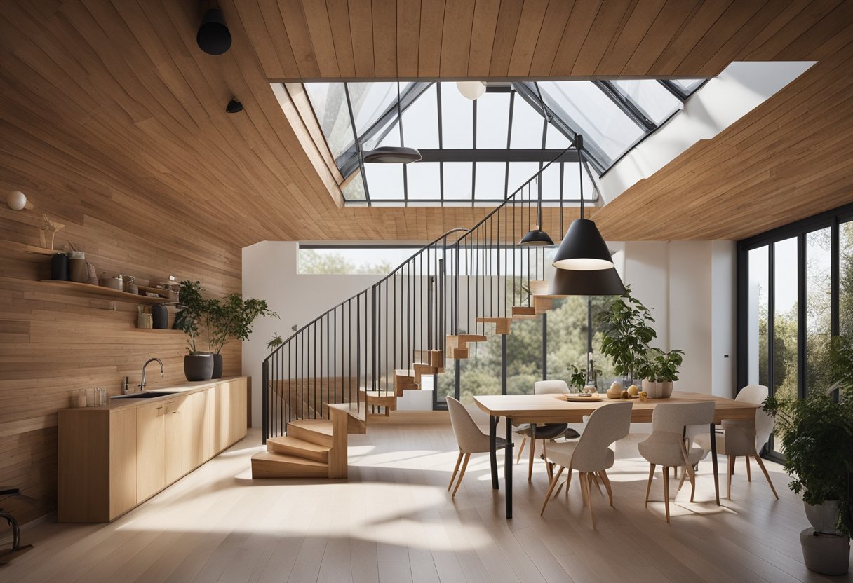 A room with a sloped ceiling, filled with natural light from skylights. A staircase leads up to the loft, with potential for conversion into a functional and spacious living area