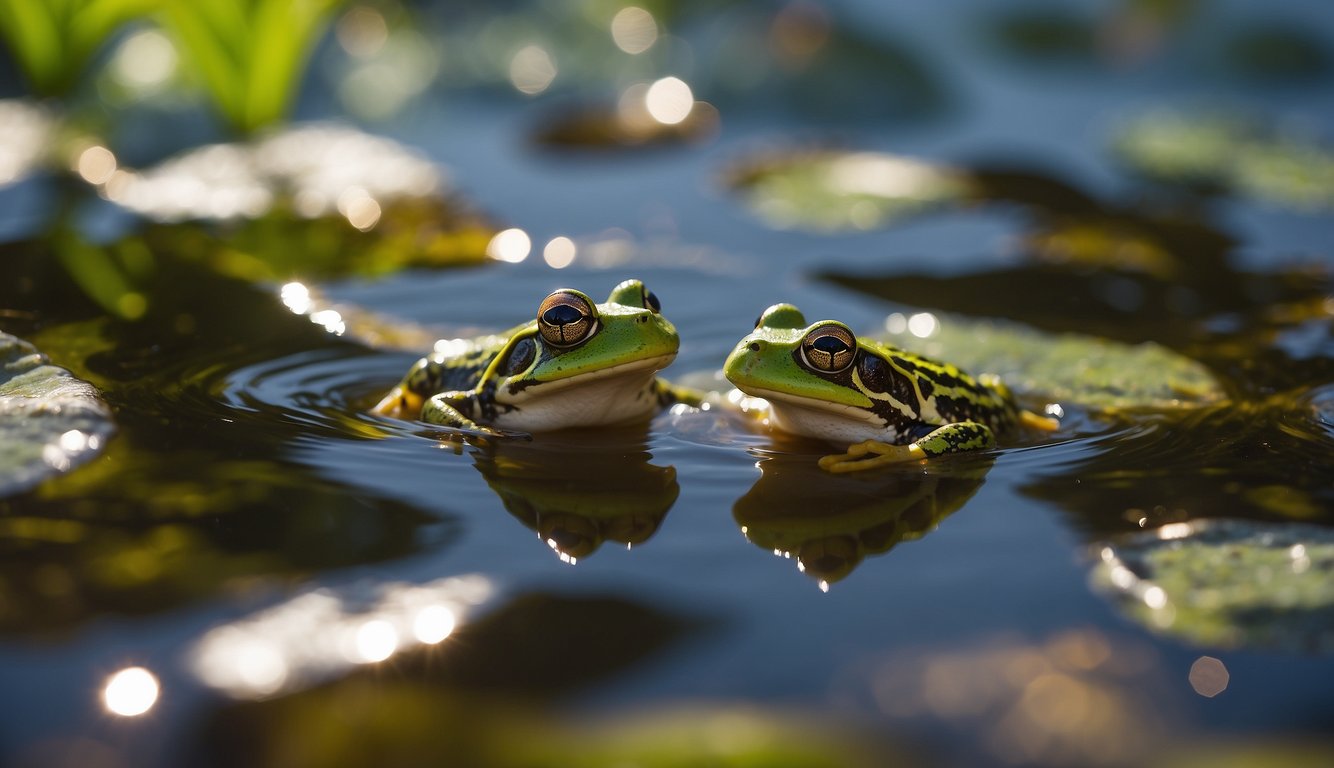 Amphibian eggs float in a clear, shallow pond.

Sunlight filters through the water, casting a soft glow on the eggs. Nearby, a frog watches over the precious cargo, ensuring their survival