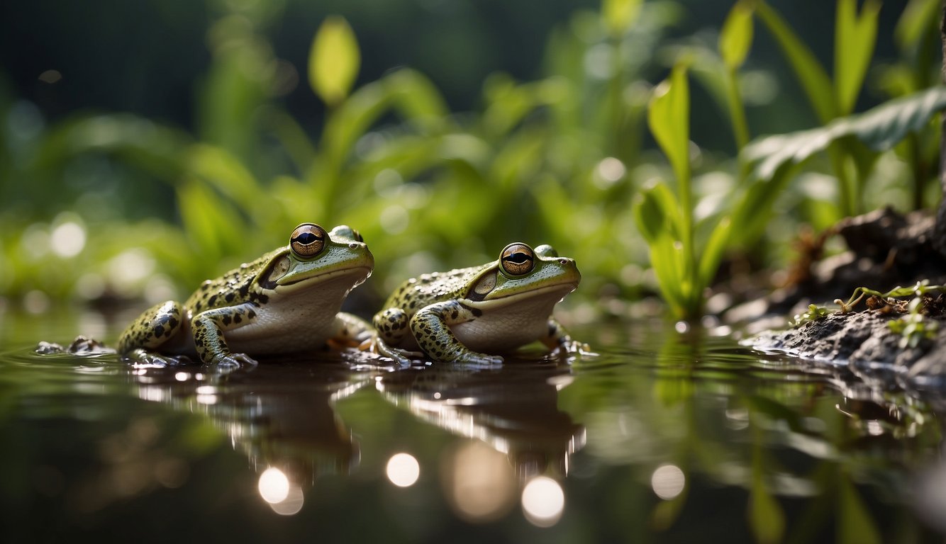 Amphibians lay eggs in a shallow pond, surrounded by vegetation.

A frog is shown depositing a cluster of eggs onto submerged plants