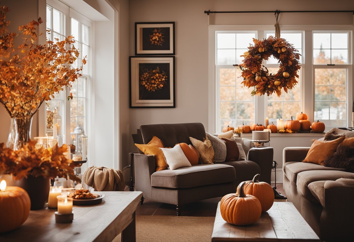 A cozy living room with warm-colored leaves, pumpkins, and candles. A wreath of fall foliage hangs on the door