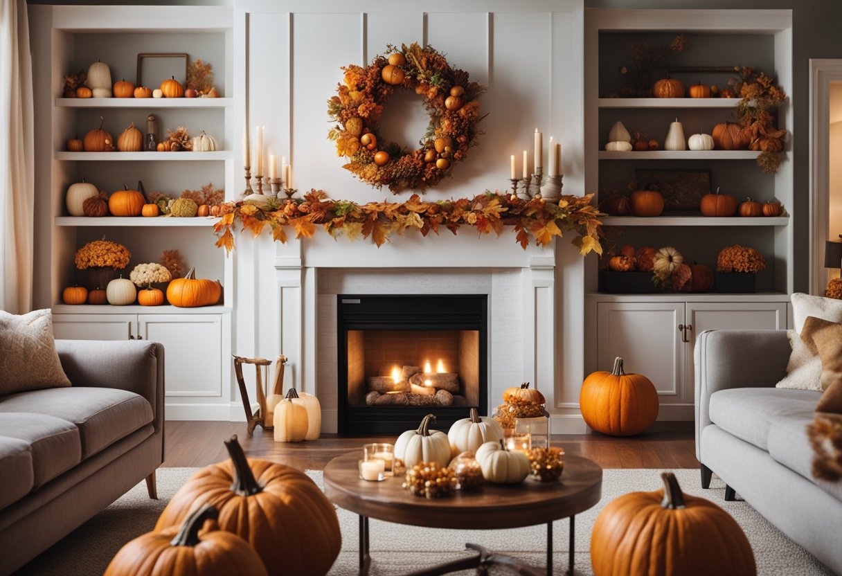 A cozy living room with warm autumn decor: pumpkins, leaves, and candles on a mantel. A wreath of fall foliage hangs on the door